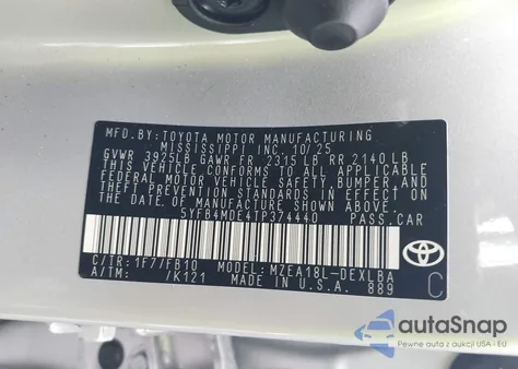 2026 Toyota Corolla Le z USA, uszkodzony, nr VIN 5YFB4MDE4TP374440